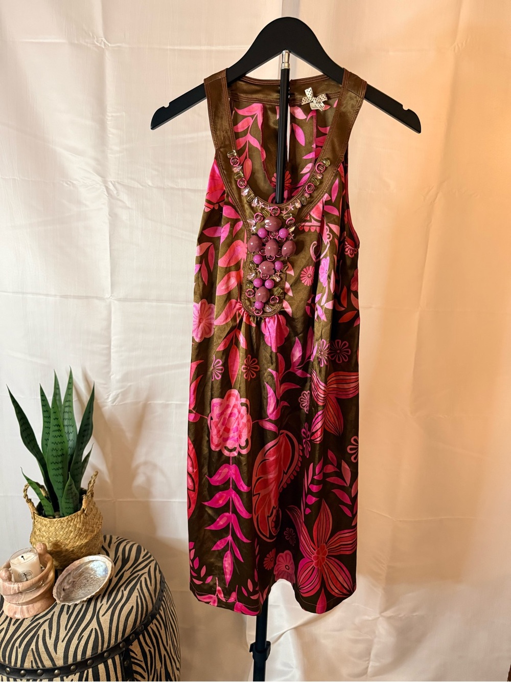 Vintage Y2K Women’s Satin Pink & Brown Floral Halter Dress w/ Beading McBling